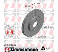 2x Disco freno ventilazione interna 280.3187.20 ZIMMERMANN per HONDA CIVIC IX