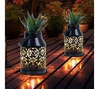 2x ETC-Shop Lanterna Solare da Tavolo LED, Lampada da Esterno, Vaso, IP44 Nero