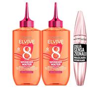2x L'Oréal Paris Elvive Dream Long Wonder Water Balsamo Capelli Liquido Lamellare da 200ml + Mascara Ciglia Sensazionali Volumizzante Colore Intense Black - 3 Cosmetici Assortiti