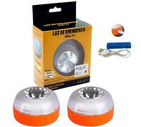 2x Luce di Emergenza V16, Omologata DGT per Segnaletica Stradale di Auto e Moto. Luce Gialla Lampeggiante e Bianca Fissa con Accensione Automatica, Base Magnetica e Batteria Ricaricabile.