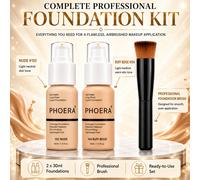 2x PHOERA Fondotinta Liquido Copertura Totale Opaco + Pennello Flat