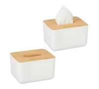 Relaxdays 2X Porta Fazzoletti con Coperchio in bambù, per Bagno, Design Moderno, Plastica, HLP 10x17x13 cm, Bianco Naturale