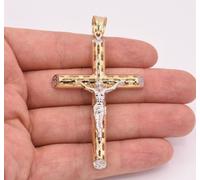3.25 " Grande Gesù Cristo Crocifisso Croce Ciondolo Vero 10K Oro Giallo e Bianco