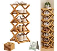 3 4 5 6 7 8 9 Tier Bamboo Shoe Rack Foldable Collapsible No-Assembly Rotating Multi-Tier Vertical Space-Saving Organizer for Entryway Closet Corner Small Spaces Narrow Tall(Log,5 Tier)