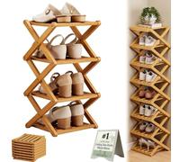 3 4 5 6 7 8 9 Tier Bamboo Shoe Rack Foldable Collapsible No-Assembly Rotating Multi-Tier Vertical Space-Saving Organizer for Entryway Closet Corner Small Spaces Narrow Tall(Log,4 Tier)