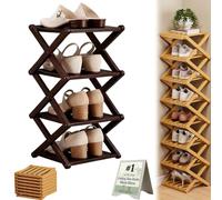 3 4 5 6 7 8 9 Tier Bamboo Shoe Rack Foldable Collapsible No-Assembly Rotating Multi-Tier Vertical Space-Saving Organizer for Entryway Closet Corner Small Spaces Narrow Tall(Black,4 Tier)