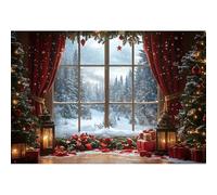 3.5x2.5m Sfondo natalizio rosso Finestra Foresta invernale Scena innevata Sfondo fotografico per feste di Capodanno Albero di Natale di lusso Fiocco di neve Decorazione per feste invernali Banner