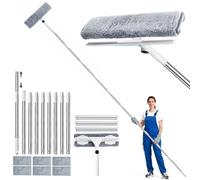 3,85m Lavavetri Telescopico, 2 in 1 Kit Pulitore Vetri Finestre con Tergivetro in Silicone e Microfibra, Testa a 180°, Lavavetri Professionale per Vetro Finestre Alte Interne/Esterno