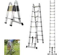 3,8M Scala telescopica con stabilizzatore, in acciaio inox, rinforzata, allungabile, portatile, multiuso, con piedini in gomma antiscivolo, scala estensibile per tetto, soppalco, camper, portata 150kg