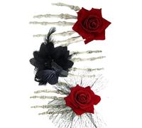 3 accessori per capelli Goth Fermagli per capelli laterali con teschio rosa Fermagli per fiori neri e rossi con mano scheletrica, Teschio spettrale Goth per decorazioni di Halloween Clip per Hal