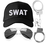 3 accessori per costume da Swat, per adulti, con cappello da polizia, manette in metallo, occhiali da aviatore, per adulti, uomini e donne, poliziotti e ladri, abiti per Halloween