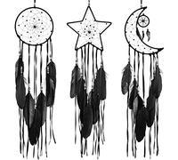 3 Acchiappasogni con Design a Luna Sole Stella Fatto a Mano Ornamento Tradizionale Artigianale per Parete Decorazioni da Appendere per Casa Camera Matrimonio Regali (Nero)