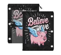 3 anelli raccoglitore sacchetto 2 pz Believe Flying Pig con ali animali | occhielli matita cerniera sacchetto finestra trasparente per la memorizzazione scuola forniture ufficio