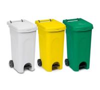 3 Bidoni 80 Litri bianco giallo e verde Carrello con Ruote Pedale coperchio Raccolta spazzatura Differenziata da Esterno Interno Anello Ferma Sacco Contenitore Secchio Rifiuti domestico professionale