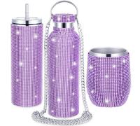 3 bottiglie d'acqua con strass, in acciaio inossidabile, senza stelo, con strass, isolante, con coperchio a catena e cannuccia, per caffè, martini, vino, bicchieri da caffè e vino (bianco argento)