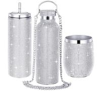 3 bottiglie d'acqua con strass, in acciaio inossidabile, senza stelo, con strass, isolante, con coperchio a catena e cannuccia, per caffè, martini, vino, bicchieri da caffè e vino (bianco argento)