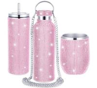 3 bottiglie d'acqua con strass, in acciaio inossidabile, senza stelo, con strass, isolante, con coperchio a catena e cannuccia, per caffè, martini, vino, bicchieri da caffè e vino (bianco argento)