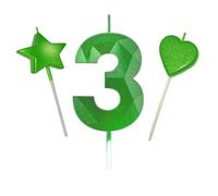 3 candele 3D a forma di diamante, colore verde glitterato, altezza 7 cm, colore verde glitterato, decorazione e celebrazione per adulti/bambini/feste in famiglia (verde, 7 cm 3D numero 3)