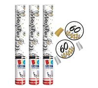 3 Cannone SPARACORIANDOLI 60 ANNI ORO, Argento, Nero- Tubo lancia coriandoli 30c