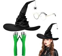 3 cappelli da strega, accessori da strega per cappello a pieghe nero + ragno, guanti verdi e occhiali con montatura dorata nera, vestito per carnevale, feste e teatro, cappello da strega nero con