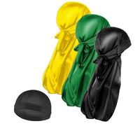3 Cappucci da Uomo in Seta E 1 Cuffia Durag Setosa con Coda Lunga Elastica Morbida Traspirante Setosa Perfetta per Onde 360/720 Oro XL/Taglia Unica