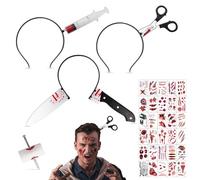 3 cerchietti spaventosi per Halloween, in plastica, con coltello, 30 adesivi per tatuaggi e ferite cicatrici, con 1 giocattolo per unghie, fascia per cosplay zombie, accessori per capelli per