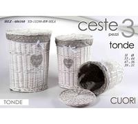 3 CESTE CESTA VIMINI Portabiancheria TONDO CUORI BAGNO SALOTTO CAMERA 55-48-40cm
