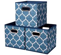 3 Cestini Portaoggetti in Tessuto,Scatole per Vestiti Pieghevoli, Contenitori a Cubo da 27 cm, Portaoggetti Blu Inserti,Bidoni con Stampa a Griglia, QY-SC09-3