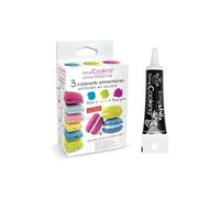 3 coloranti alimentari blu, verde, porpora + penna per glassa nera