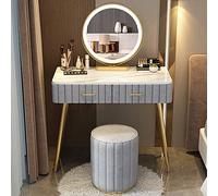 3 Colore Illuminato Trucco Tavolo da Trucco Set con Specchio Sgabello Imbottito e Stoccaggio Partizioni Legno Massello Vanity Scrivania per Camera da Letto Regalo Donne Ideale Grigio 80 cm/31,5