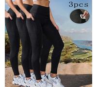 3 confezioni di leggings da yoga a vita alta con controllo della pancia e tasche, effetto sollevamento glutei, pantaloni aderenti per sport all'aperto, basic, autunno inverno, nero L,M,S,XL,XXLColore 