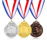 3 confezioni di medaglie per il 1°, 2° e 3° posto, con numero, oro, argento, bronzo, con nastro, vincitore, premi, stile olimpico, per la giornata sportiva, bomboniere, giochi d'ufficio