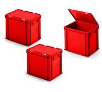 3 contenitori europei con coperchio a cerniera, 400 x 300 x 330 mm, colore: rosso