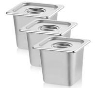 3 contenitori in acciaio inox 1/6 con coperchio, 17,6 x 16,2 x 10 cm, profondità padelle per hotel, altezza 100 mm, contenitore per alimenti, impilabile, contenitore per alimenti resistente al calore