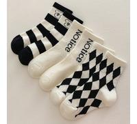 3 Coppie Calze Sportive Per Bambini Con Motivo A Rombo Nero E Bianco Con Design Lettera & Orso, Calze A Staffa Confortevoli E Versatili Per Il Ritorno A Scuola 8-12Y,2-3Y,3-8YLettere,quadriTessuto