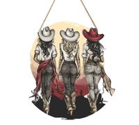 3 Cowboy Womans Walking Sunset cartello di benvenuto in legno per porta d'ingresso, 30 cm rotondo da appendere alla parete placca decorazione fattoria