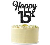 3 decorazioni per torta Happy 15th Birthday con glitter nero numero 15 decorazioni per torte per quindici 15° compleanno, decorazioni per feste per applausi fino a 15 anni, 15° compleanno,