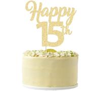 3 Decorazioni per Torte Happy 15th Gold Glitter - Numero 15 Cake Pick per Quindici Anni - Decorazioni per Saluti e Anniversario di Matrimonio - Party Supplies
