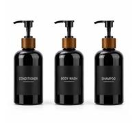 3 dispenser di sapone nero da 500 ml con 22 etichette nere impermeabili e pompe in legno per bagnoschiuma, shampoo, balsamo, lavaggio a mano