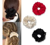 3 elastici per capelli oversize ricamati in pizzo, eleganti accessori per capelli, non danneggiano i capelli, per donne e ragazze, grandi fasce per capelli per capelli spessi, nero, rosso, beige