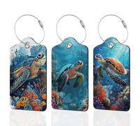3 etichette per bagagli per valigie, tartaruga oceanica, corallo, in pelle, identificatori per la privacy, etichetta identificativa con anello in acciaio resistente, per donne, uomini, bambini