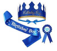 3 fasce di compleanno per ragazzo, fascia per corona e distintivo, decorazioni di buon compleanno per feste di compleanno per ragazzi (blu)