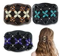 3 fermagli per capelli elastici a doppio pettine per capelli, magici, per donne, elastici in legno, con perline, accessori per capelli ricci e mossi (viola, blu, bianco)