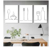 3 Immagini Set-Immagini Astratte Stampe Nordiche Poster Linea Caffè Vino Rosso Coltello e Forchetta Arte Murale Quadro su Tela per Cucina Decorazione per la Casa Opera D'Arte-50x75cm (senza telaio)