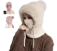 3 in 1 Beanie Hat for Women,Winter Balaclava Hats with Scarf And Mask for Women,Thick Soft Knitted Windproof Warm Snow cap (IT, Testo, Taglia Unica, Beige)