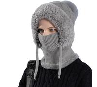 3 in 1 Beanie Hat for Women,Winter Balaclava Hats with Scarf And Mask for Women,Thick Soft Knitted Windproof Warm Snow cap (IT, Testo, Taglia Unica, Gray)