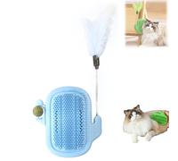 3 in 1 Cat Self Groomer Brush, Cactus Style Wall Corner Massage Comb Scratcher with Feather Toys & Catnip Ball for Indoor Cats(Blue)