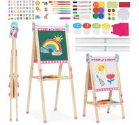 3 in 1 Cavalletto da Pittura in Legno Pieghevole con Rullo di Carta, Lavagna Bianca e Lavagna Cavalletto Regolabili in Altezza 95-125cm Lavagna Multiattività con Vassoio di Stoccaggio e 100+ Accessori