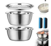 3-in-1 German Multifunctional Stainless Steel Basin Set - Professional Grater, Strainer & Mixing Bowl System - Heavy Duty Vegetable Slicer, Rice Rinser & Pasta Colander (24CM)