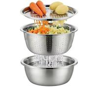 3 in 1 Germany Multifunctional Stainless Steel Basin, Stainless Steel Shredding & Drainage Chopping Basin for Vegetables Fruits, Rice Rinser Food Graters (9.45in)